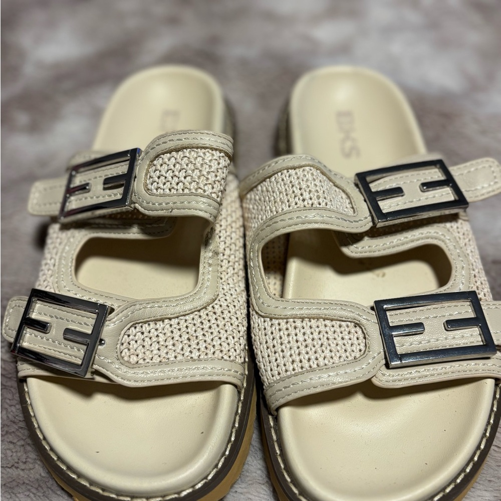 Beige Slide Sandals with Metal Buckles